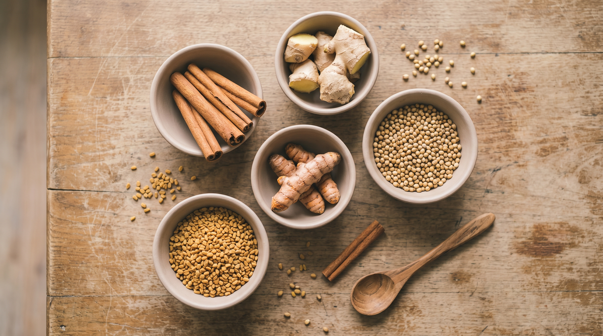 Overhead view of five clay bowls holding cinnamon quills, fresh ginger, turmeric roots, fenugreek seeds and coriander seeds on a worn wooden table