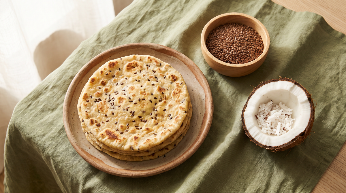 Golden flax seed pol roti stacked on a clay plate beside a bowl of whole flax seeds and a halved coconut on green linen