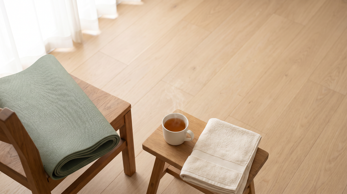 A folded sage-green yoga mat on a wooden chair beside a small stool holding a cup of warm golden drink and a folded towel, in soft morning light