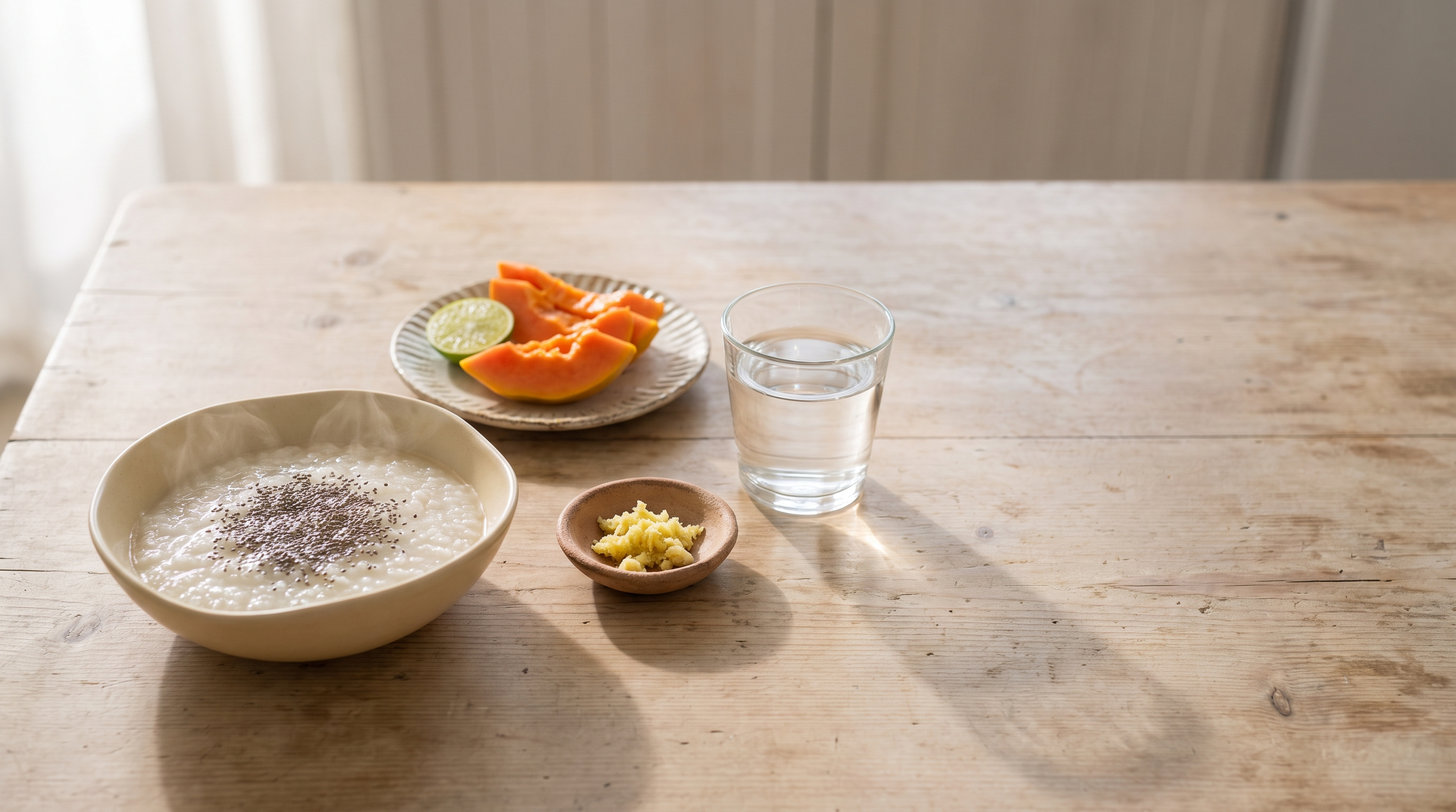 A morning breakfast plate on a wooden table: a bowl of rice congee topped with soaked chia seeds, sliced papaya with lime, grated ginger in a small clay dish, and a glass of water