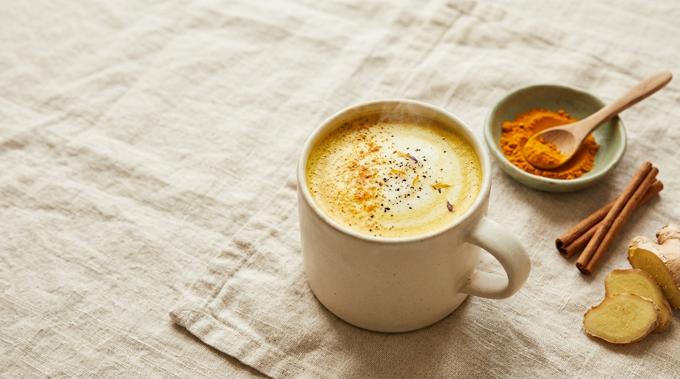 A warm golden turmeric latte in a plain cream mug beside a dish of turmeric powder, fresh ginger, cinnamon sticks and a wooden spoon on cream linen.