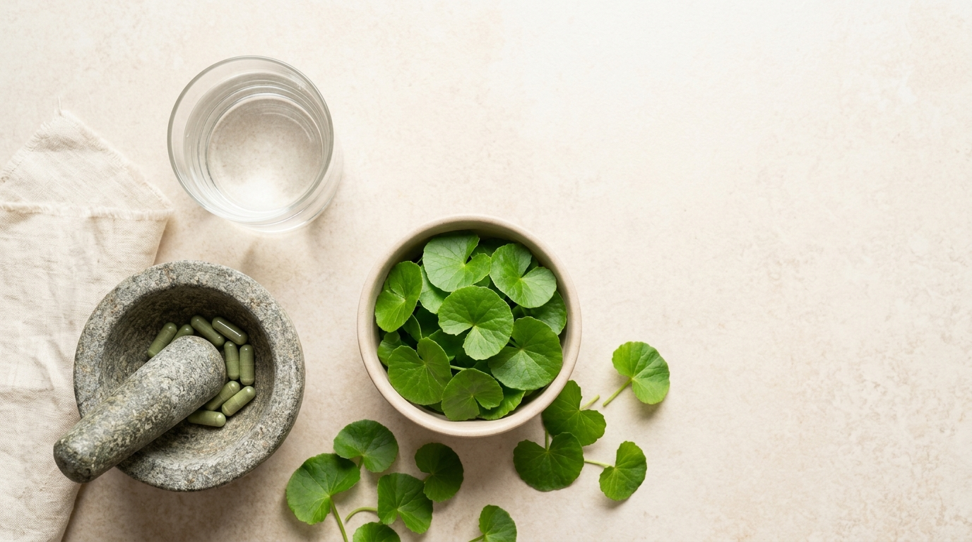 Fresh green gotukola (Centella asiatica pennywort) leaves in a plain ceramic bowl beside a stone mortar of green herbal capsules and a glass of water on a cream surface