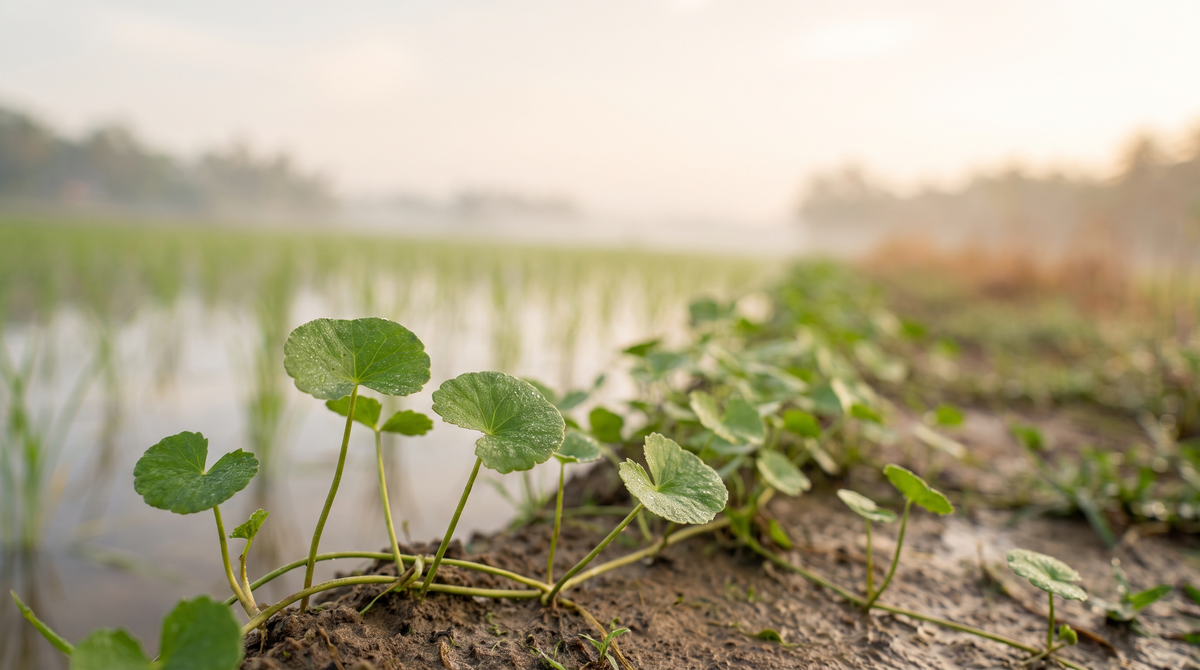 Young gotukola plants with round scalloped leaves on long stalks creeping along a damp paddy bund, with a flooded rice field in soft morning mist behind