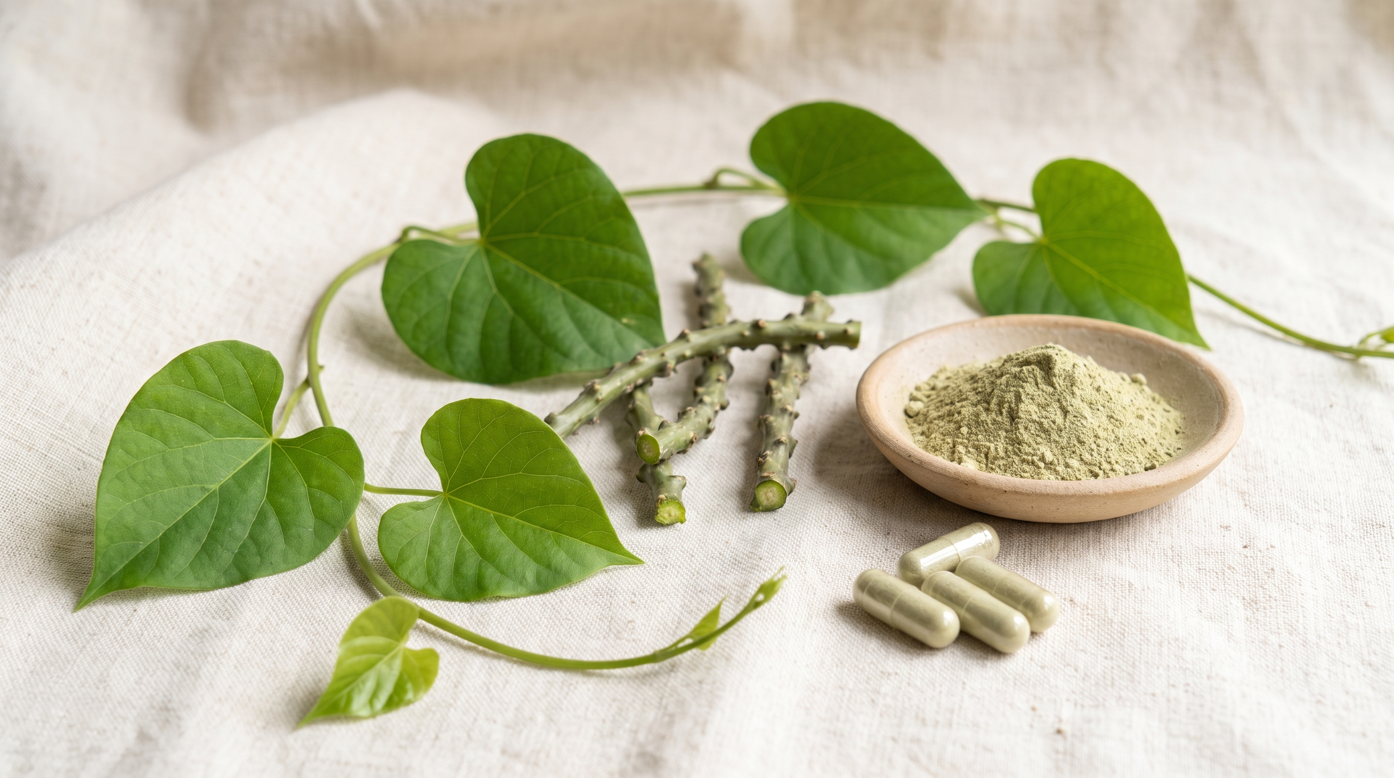 Fresh guduchi (Tinospora cordifolia) heart-shaped leaves and vine stems beside a dish of green herbal powder and capsules on cream linen