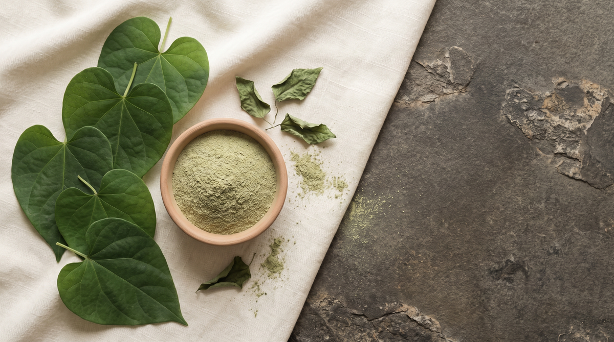 Fresh green vine leaves and a plain clay bowl of milled green leaf powder on cream linen over a dark stone table