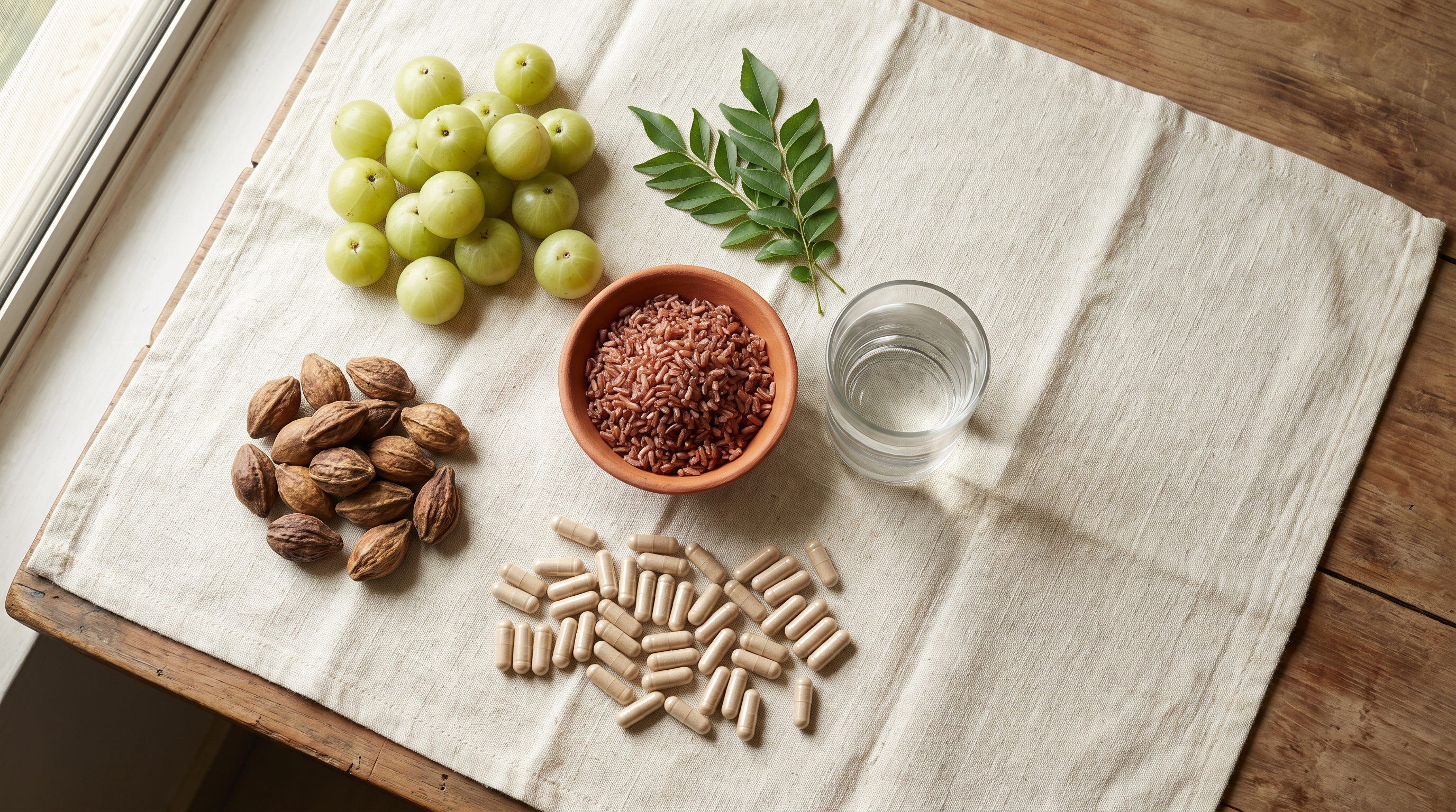 Overhead flat-lay on cream linen of amla gooseberries, dried terminalia fruits, curry leaves, a clay bowl of red rice, a glass of water and plain herbal capsules