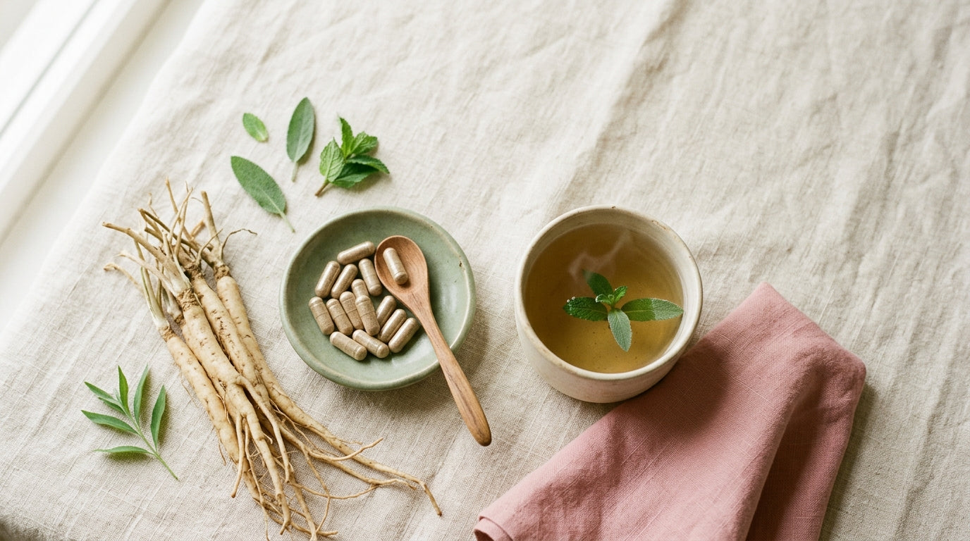 An overhead flat-lay of pale Shatavari roots, a sage dish of herbal capsules with a wooden spoon, a cream cup of pale herbal tea, and a dusty rose linen napkin on cream linen in soft morning light.