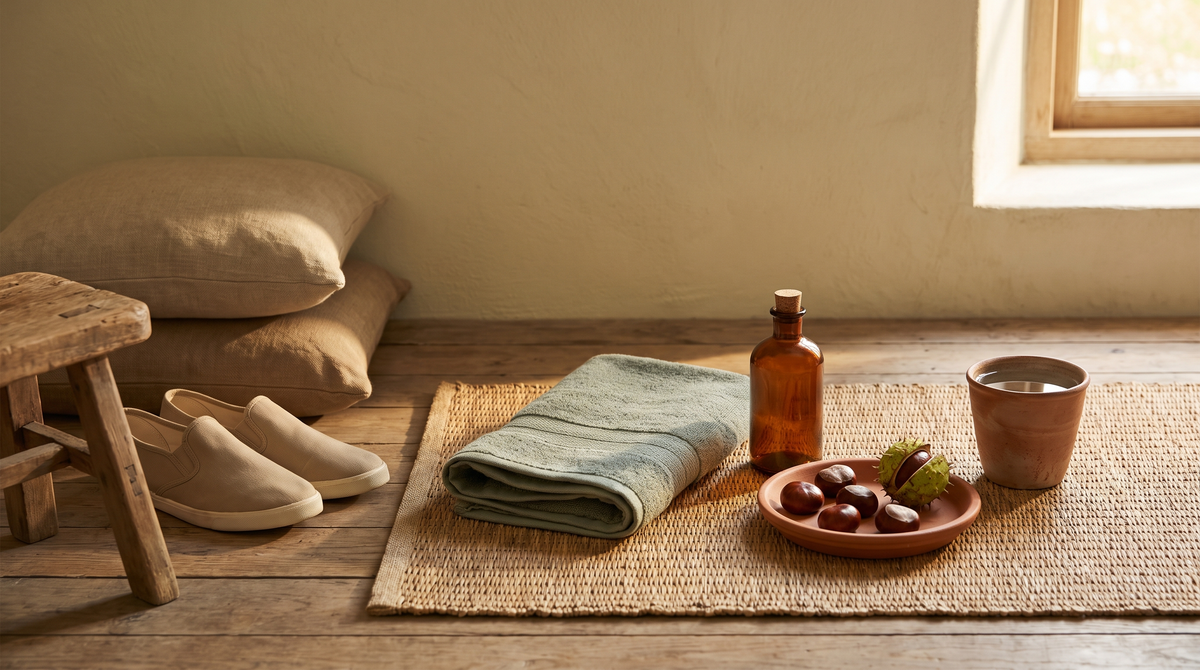 A quiet end-of-day corner with stacked linen cushions for raising the legs, plain canvas shoes, a folded towel, an amber bottle and a clay dish of glossy horse chestnut seeds on a woven mat