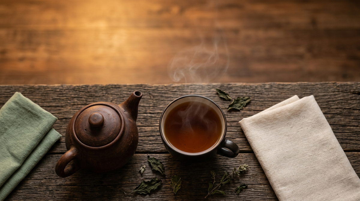 A steaming cup of dark herbal tea beside a small unglazed clay teapot on a rustic wooden table in warm evening light, with dried leaves and folded linen napkins nearby.