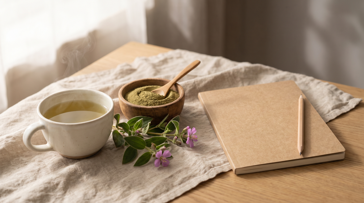A cup of pale herbal tea, a wooden bowl of green Heenbovitiya leaf powder, fresh sprigs with small purple flowers, and a closed kraft notebook with a pencil on a linen cloth
