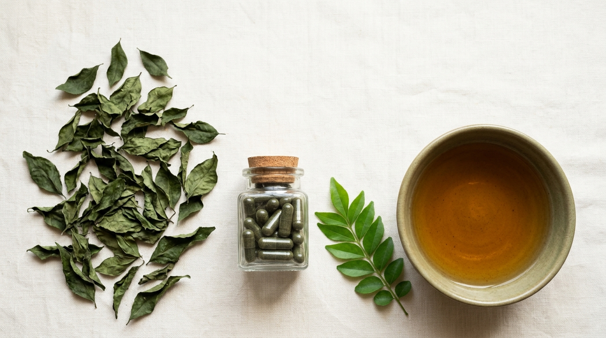 Dried Heenbovitiya leaves next to a jar of herbal capsules and a bowl of amber liver tonic on a linen surface.
