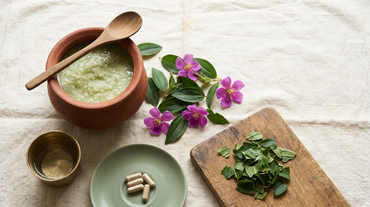 A clay pot of pale green herbal rice porridge with a wooden spoon, beside fresh Heenbovitiya leaves with purple flowers, torn leaves on a wooden board, and plain capsules on a sage saucer.