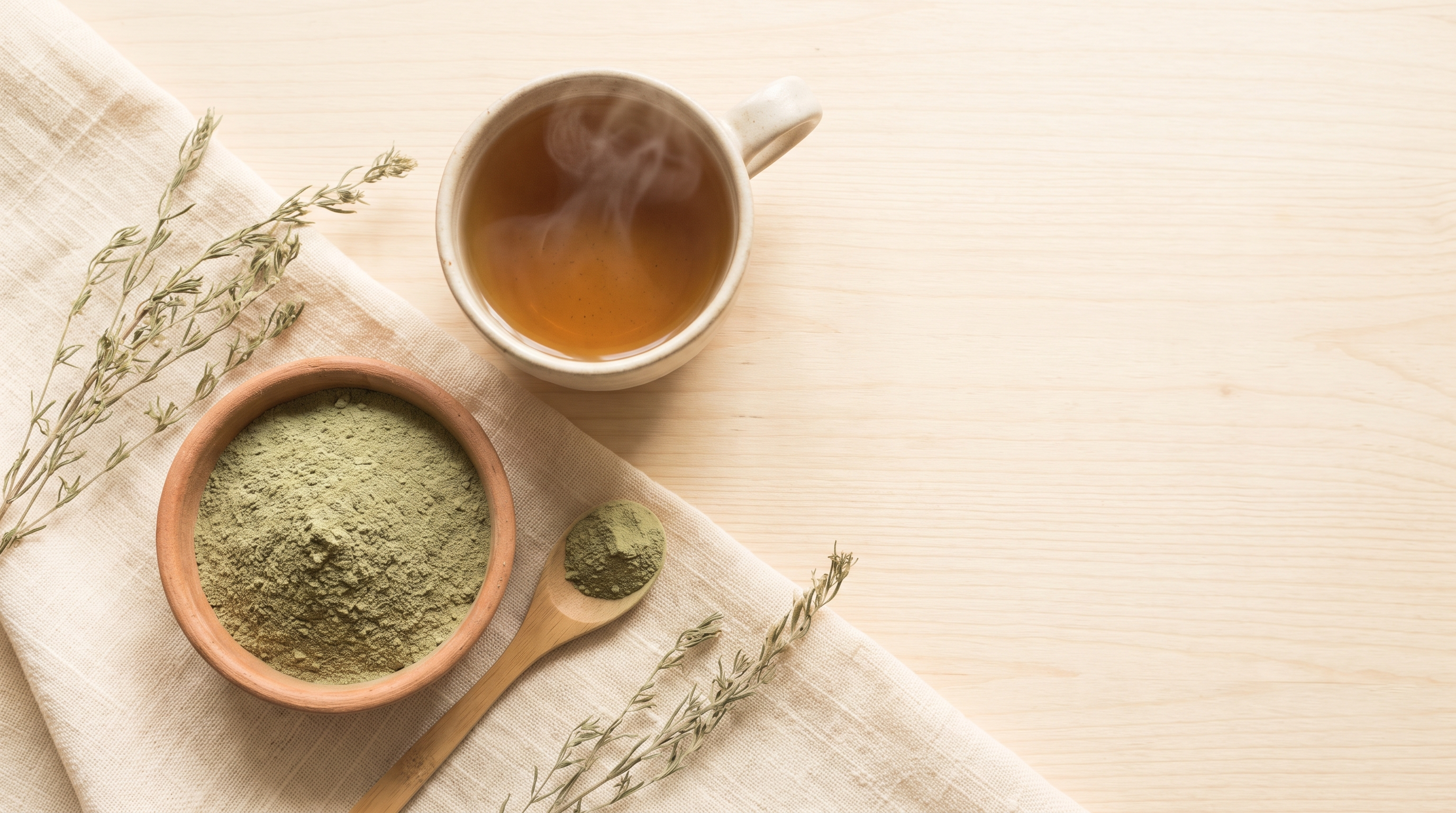 Green Heenbovitiya powder in a small clay bowl beside a steaming cup of amber herbal tea and a wooden spoon of powder on a linen cloth