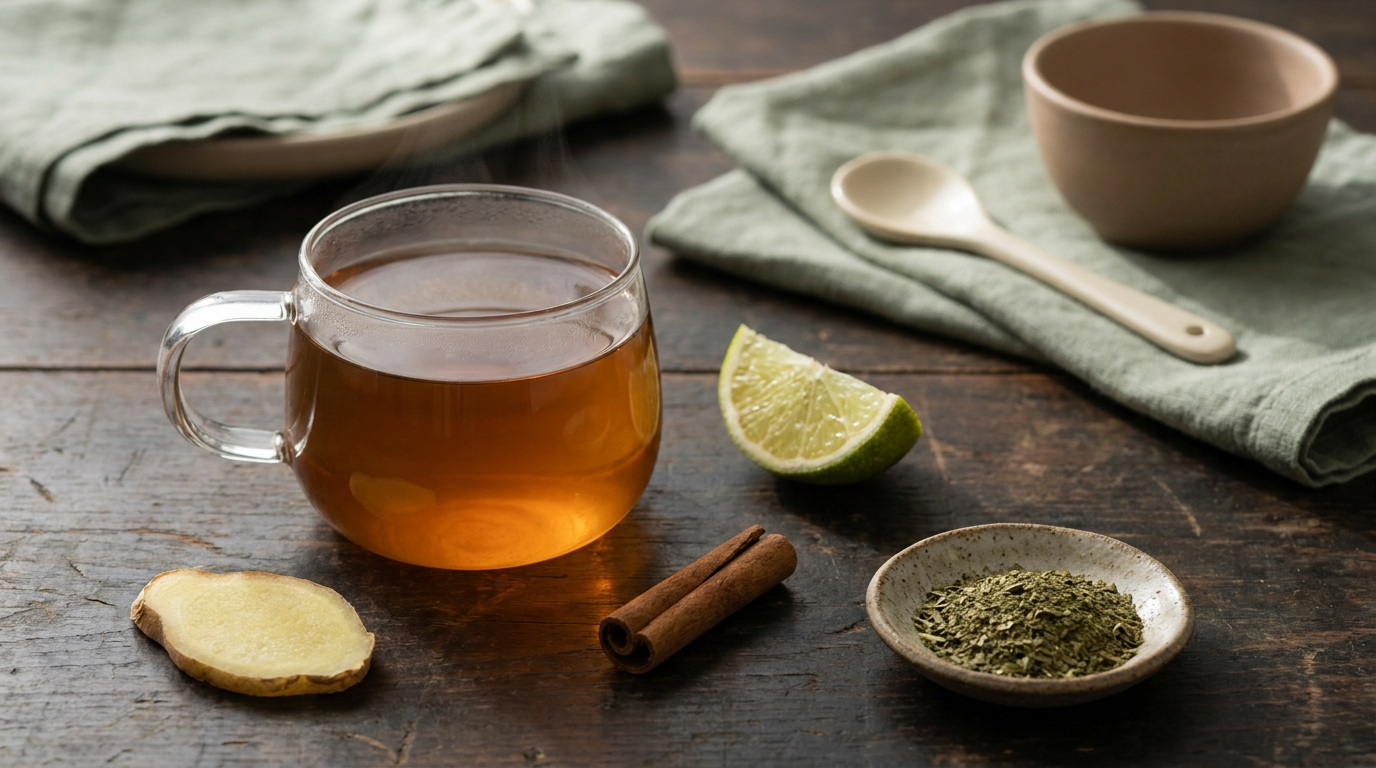 A warm amber Heenbovitiya herbal tonic in a glass mug with fresh ginger, a Ceylon cinnamon stick, a lime wedge, and a dish of green Heenbovitiya powder on a dark wooden table