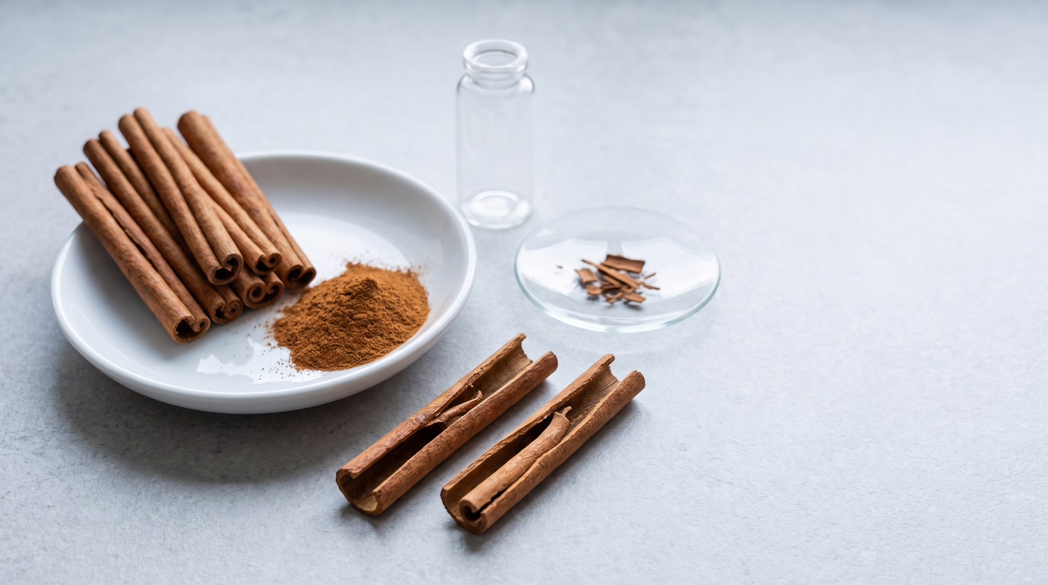Cinnamon quills, ground cinnamon bark and plain unmarked laboratory glassware arranged on a grey stone bench
