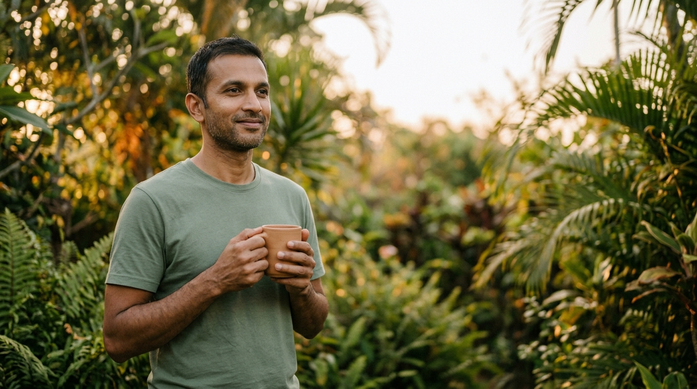A South Asian father in his early forties holding a plain mug of coffee in a lush tropical garden at dawn.
