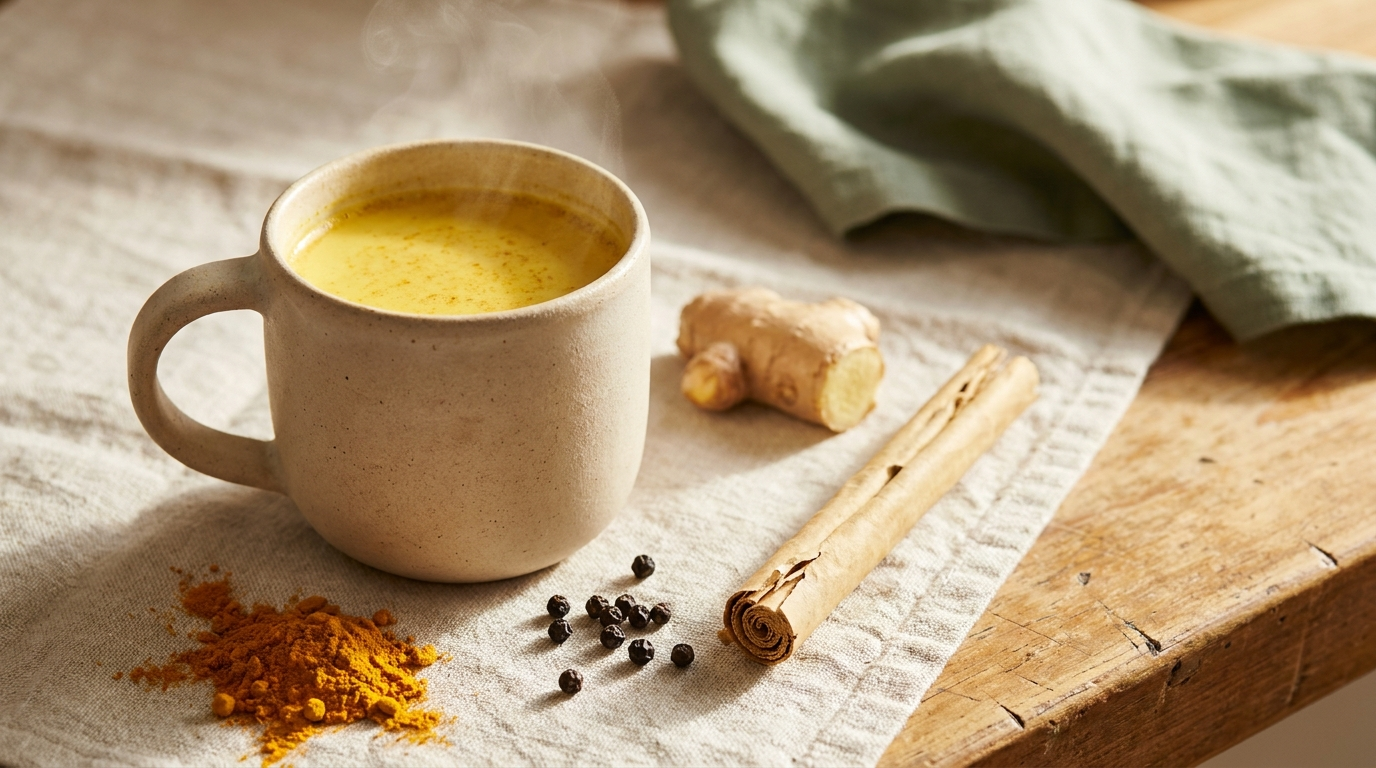 A golden turmeric latte in a plain ceramic mug on cream linen, with loose turmeric, a Ceylon cinnamon stick, fresh ginger, and peppercorns scattered beside it on a wooden counter.