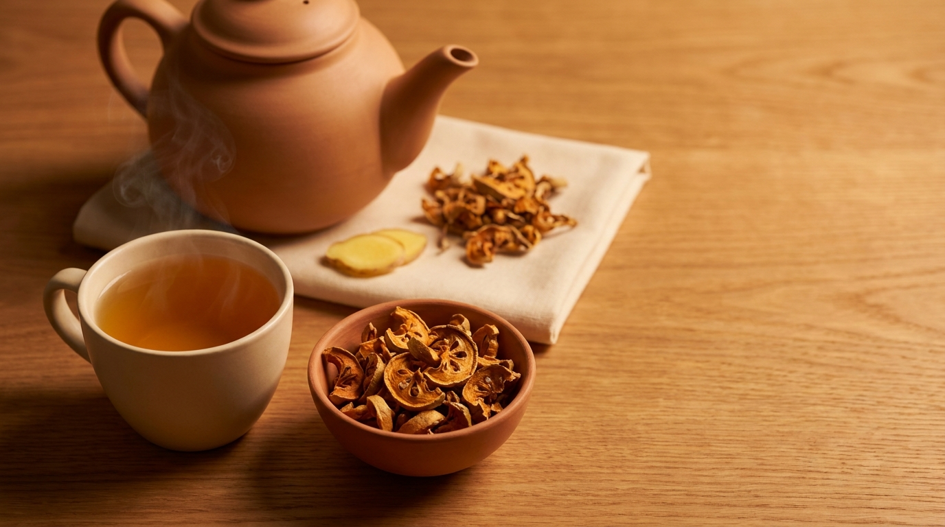 Editorial flat-lay of Sri Lankan Beli mal flower tea on a plain oak counter: a cream ceramic cup of amber tea, a terracotta bowl of dried Beli flowers, a small unglazed teapot, a folded linen napkin, and a slice of ginger.