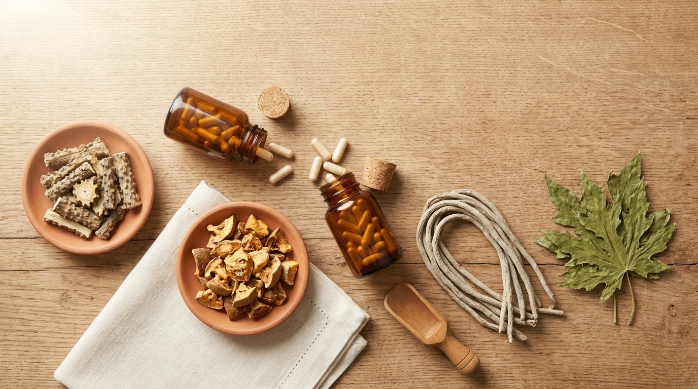 An overhead flat-lay of four Sri Lankan monsoon herbs on raw oak: a dish of dried Guduchi stem slices, a small bowl of dried Beli fruit pieces, a coil of Iramusu root, and dried Papaya leaves around plain amber capsule bottles.