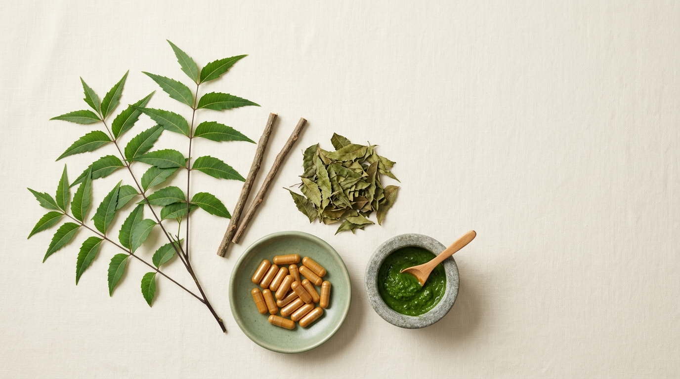 An overhead flat-lay of fresh and dried neem leaves, slim neem twigs, a sage-green dish of plain amber neem capsules, and a small stone mortar with green neem paste on cream linen.