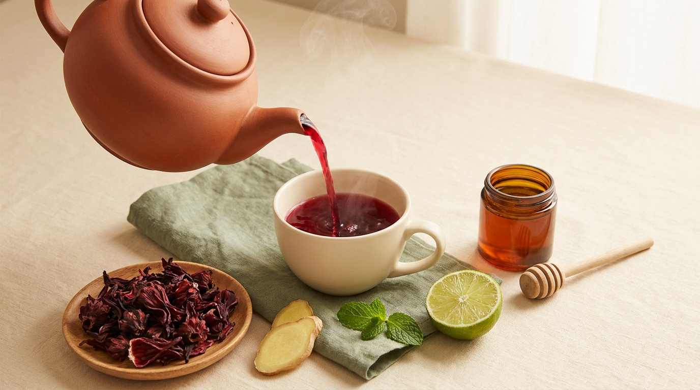 A terracotta clay teapot pouring deep crimson hibiscus tea into a cream ceramic cup, with a wooden bowl of dried hibiscus flowers, fresh ginger, lime, mint, and an amber honey jar on a sage green linen napkin in warm monsoon afternoon light.