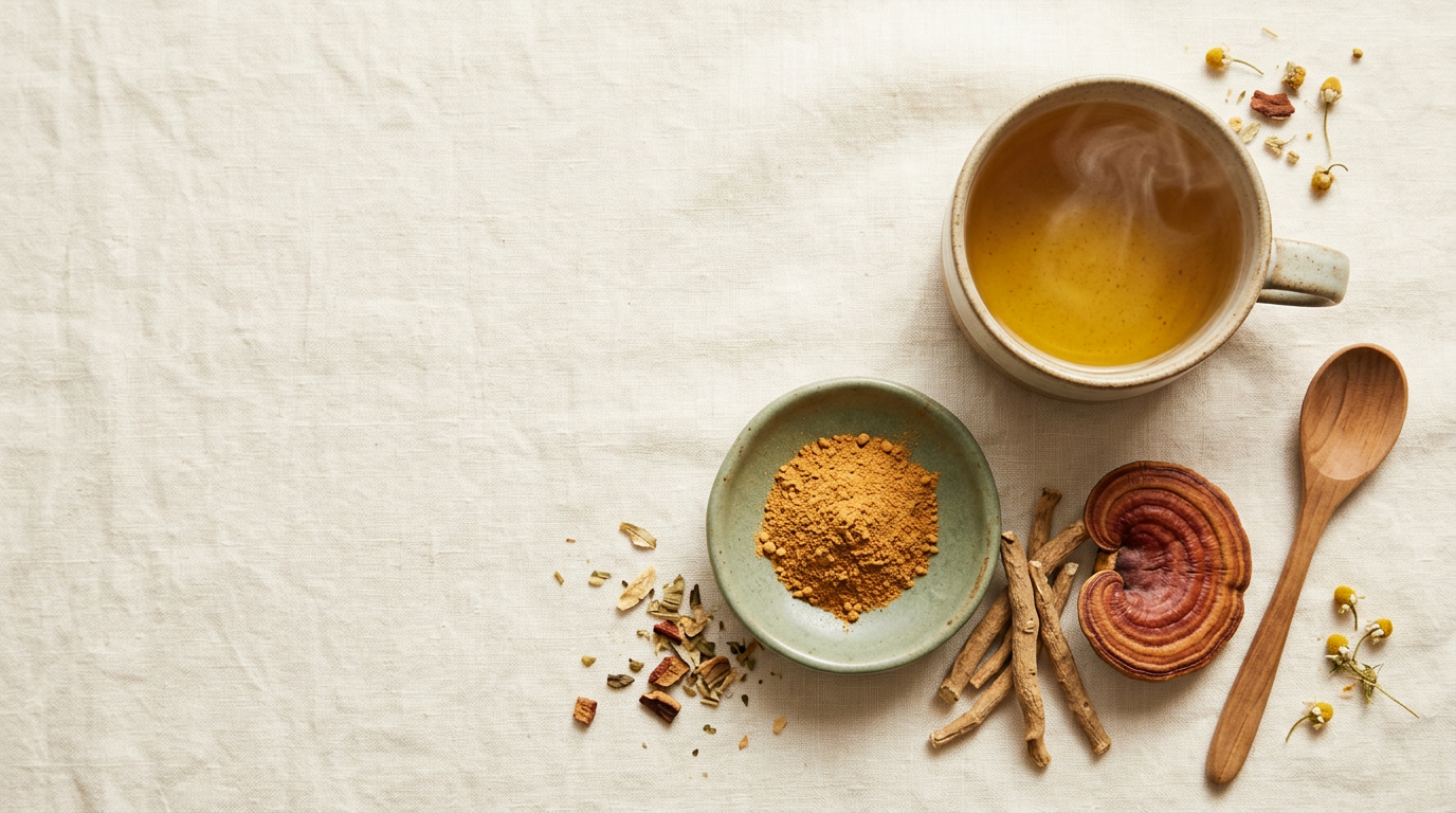 An overhead flat-lay of golden herbal tea, dried ashwagandha roots, amber ashwagandha powder, and a slice of reishi mushroom on cream linen.