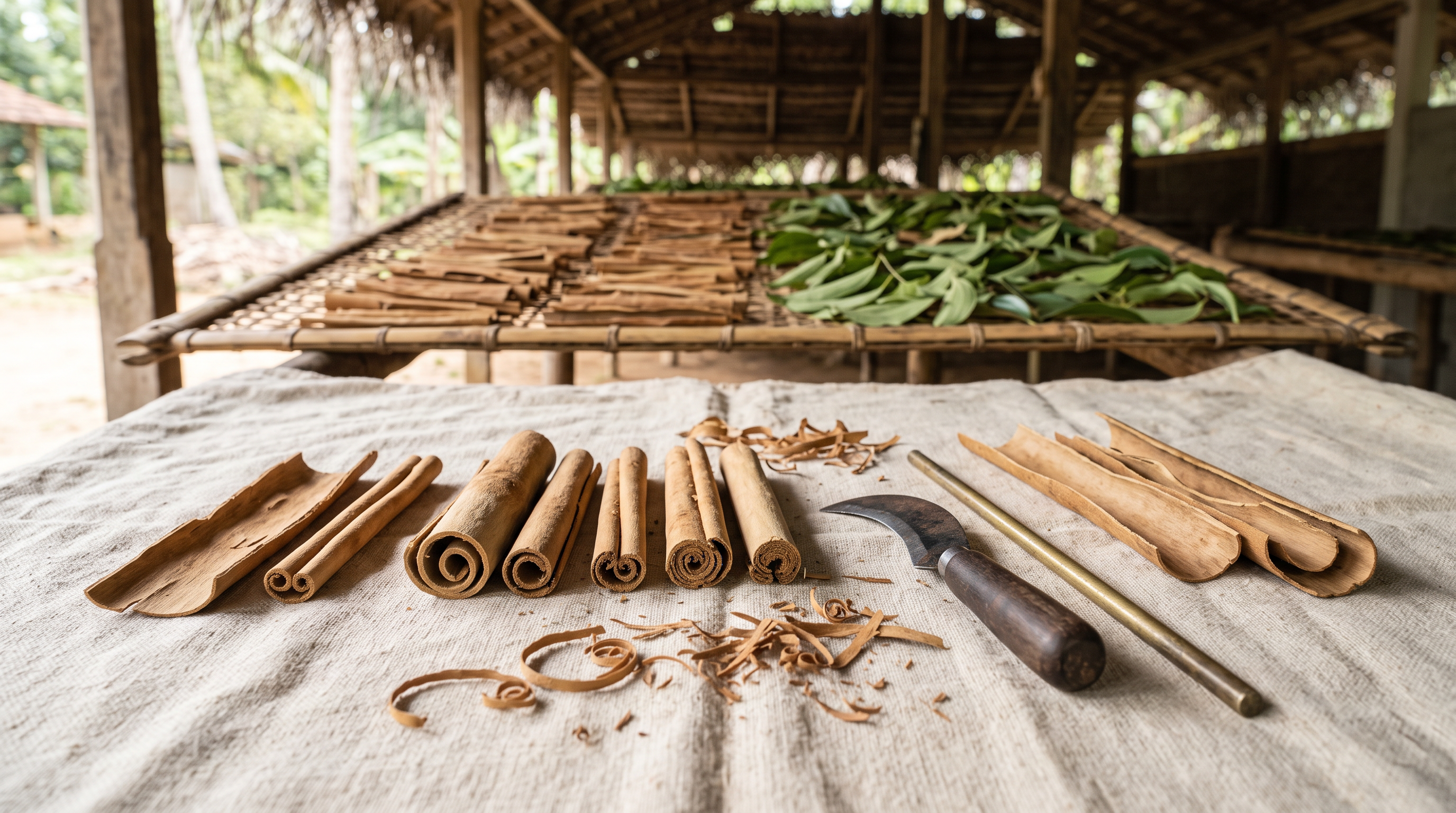 Rolled Ceylon cinnamon quills, sheets of peeled inner bark, a brass rod and a curved peeling knife on cloth in an open-sided Sri Lankan drying shed