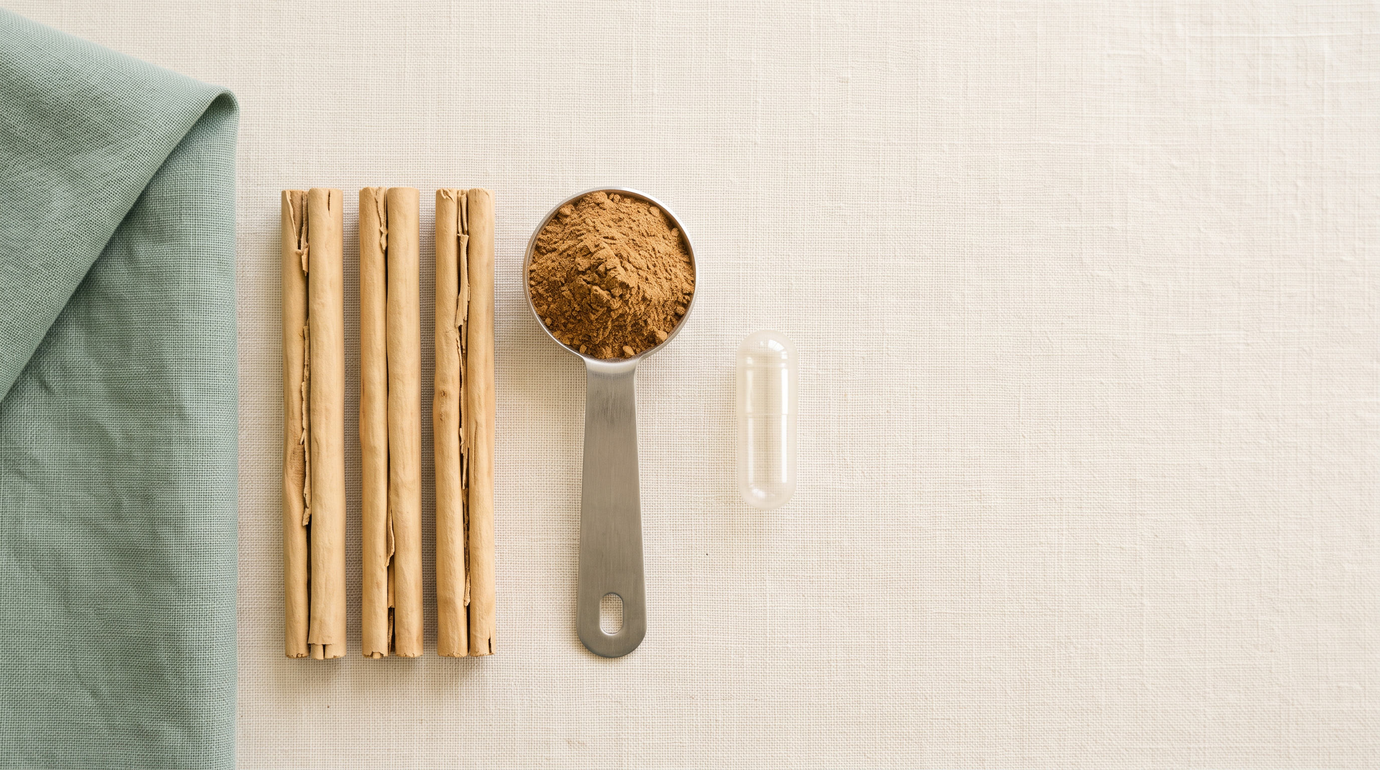 Ceylon cinnamon quills beside a measuring spoon of ground cinnamon and an empty capsule on cream linen