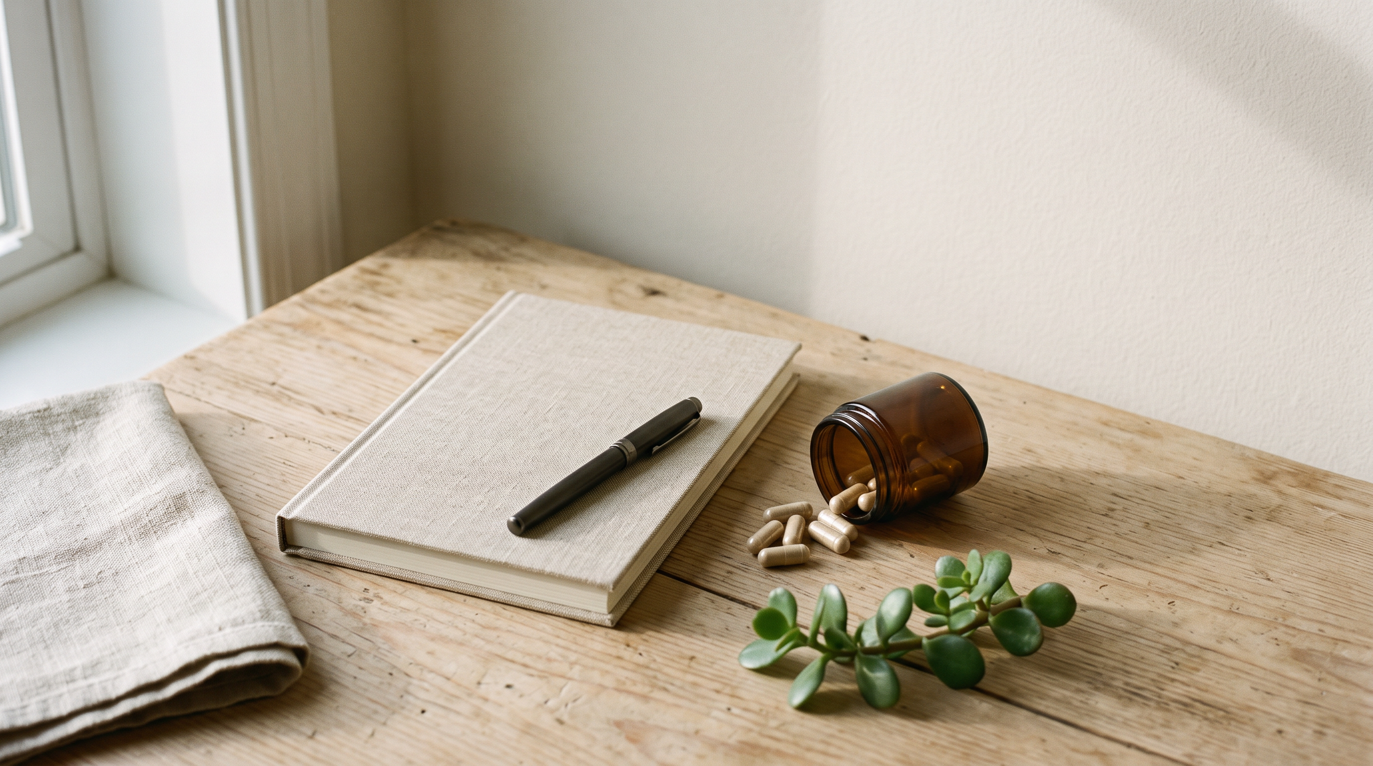 A closed blank notebook and pen beside a tipped amber jar of plain capsules on a wooden desk in morning light