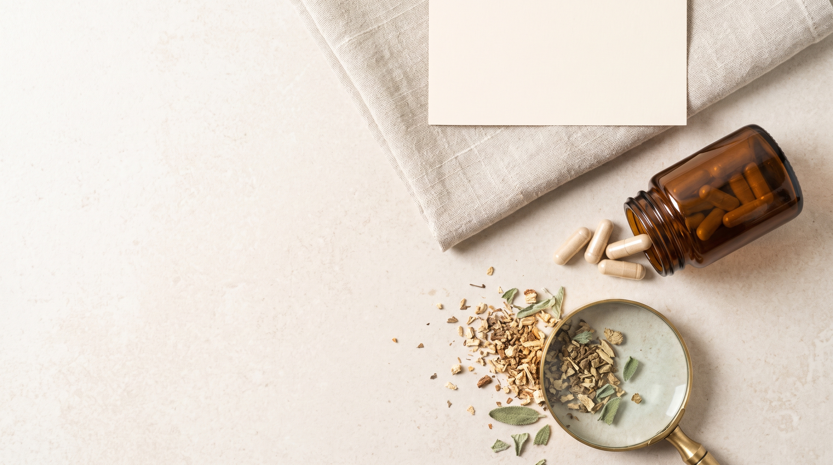 Overhead flat-lay of an unlabelled amber supplement jar with spilled capsules, dried botanical pieces and a magnifying glass on a pale stone counter
