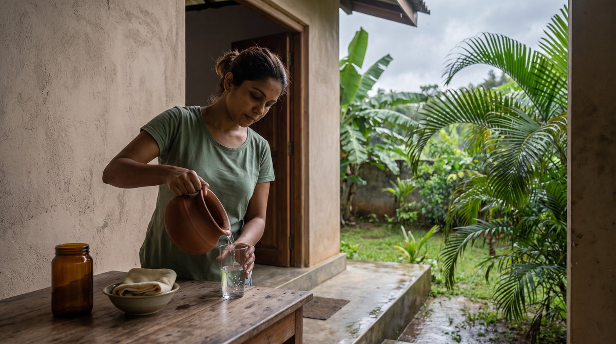 A woman in her thirties pouring water from a clay pot into a glass at the doorway of a shaded Sri Lankan veranda under a grey afternoon sky.