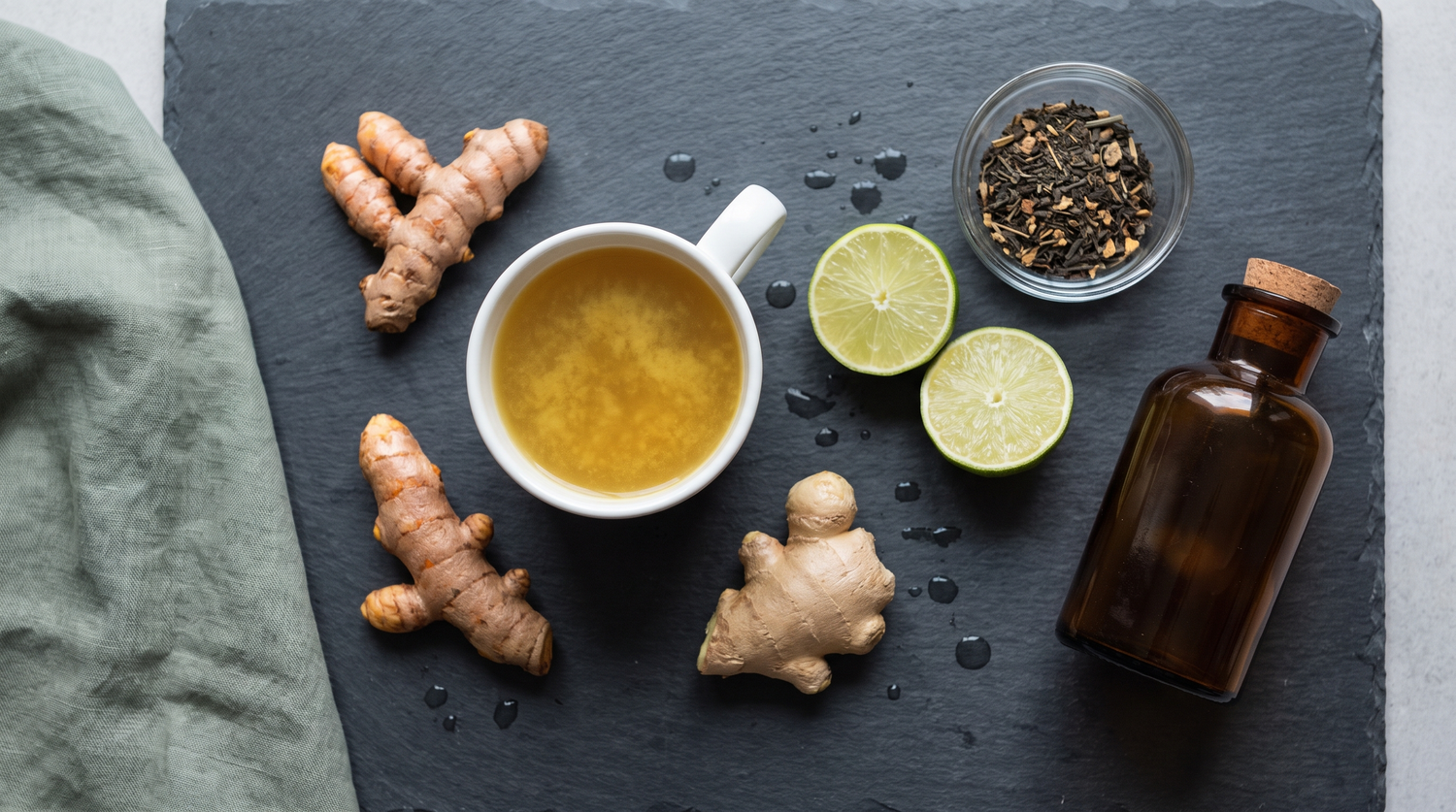 Fresh turmeric root, ginger, halved limes, dried herbs and a cup of golden turmeric ginger infusion arranged on dark slate