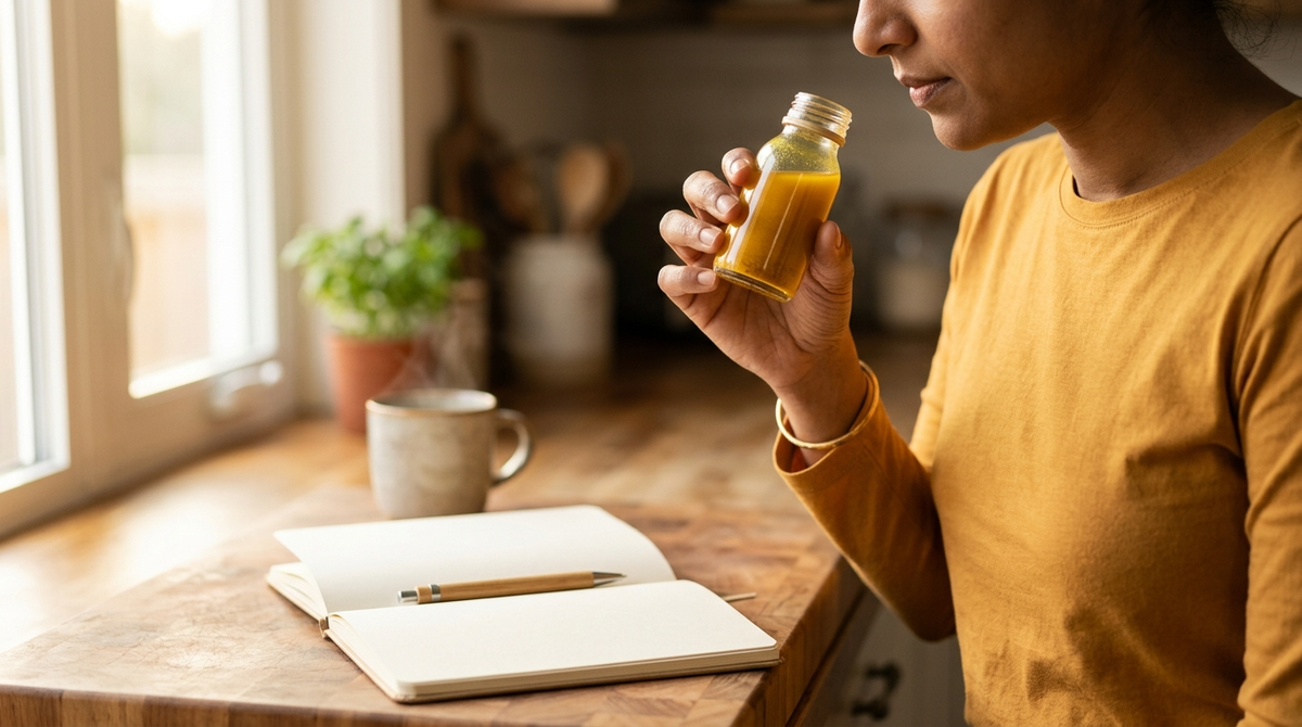 A woman holds an unlabeled shot bottle of turmeric colored liquid at a bright kitchen counter beside a blank open notebook and a mug, morning light through the window