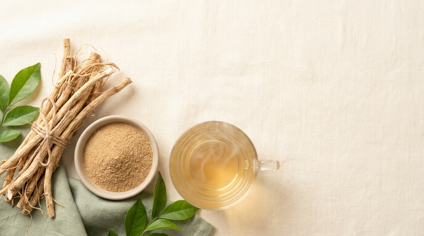 Dried Iramusu (Sarsaparilla) roots, root powder, and a glass of pale cooling herbal tea on cream linen