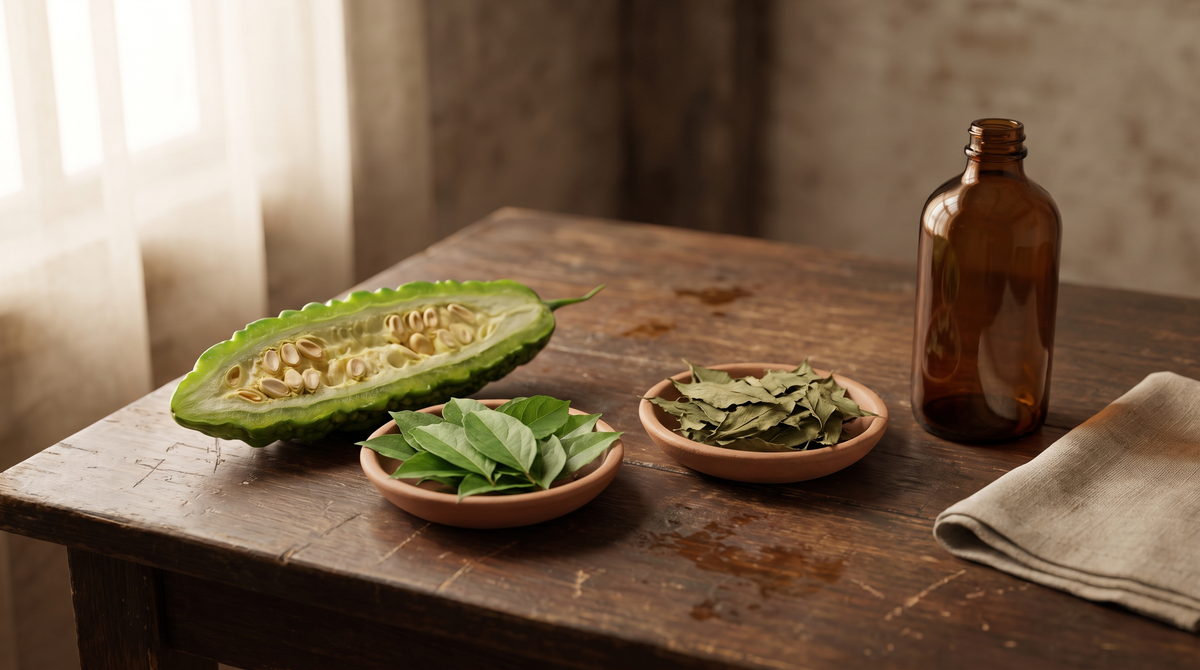 A halved green bitter melon beside clay dishes of fresh and dried gymnema leaves, a plain amber bottle and linen cloth on a worn wooden table in morning light