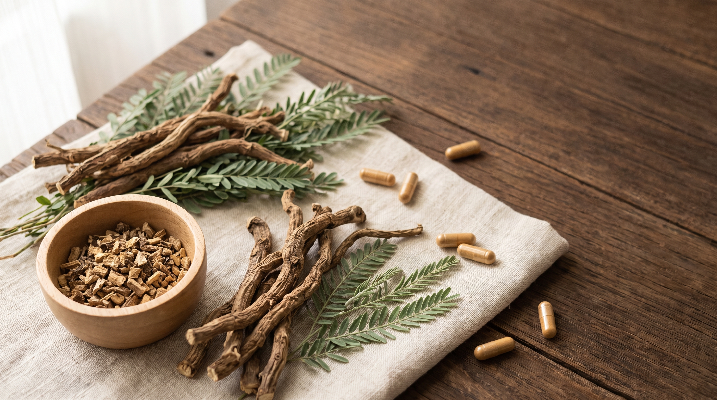 Dried Katupila roots and feathery green leaves beside a wooden bowl of chopped root and plain amber capsules on cream linen and a dark wooden table.