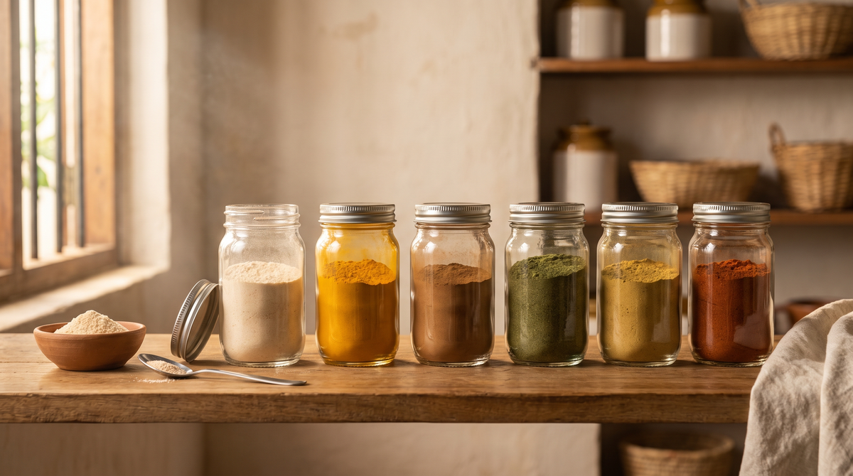 Six unlabelled glass jars of ground Ceylon spice powders on a wooden pantry shelf in warm daylight, with a small bowl of pale garlic powder and a dry spoon