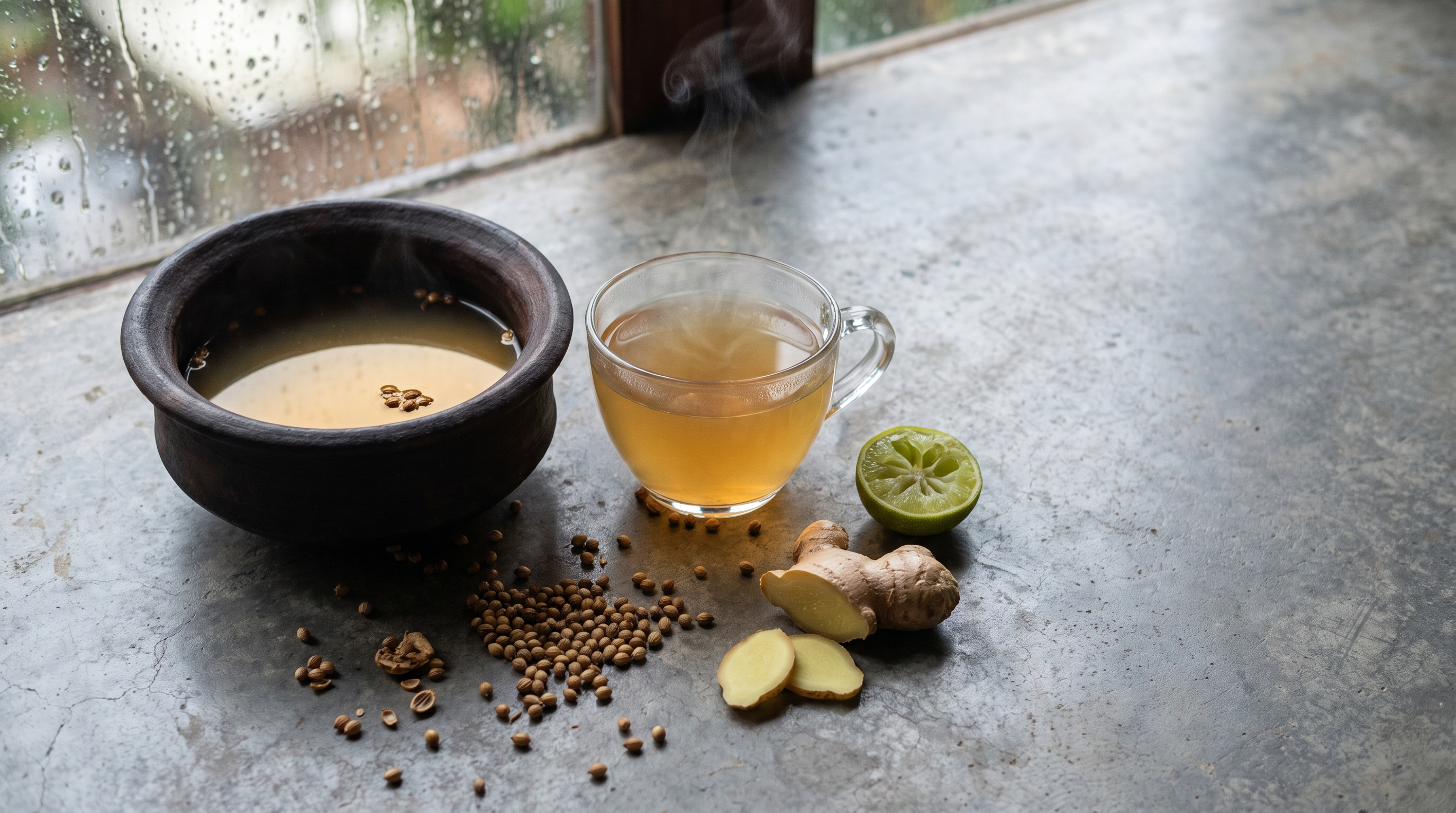 A clay pot of amber coriander brew beside a steaming glass cup, with toasted coriander seeds, fresh ginger and a squeezed lime on a grey counter by a rain-wet window