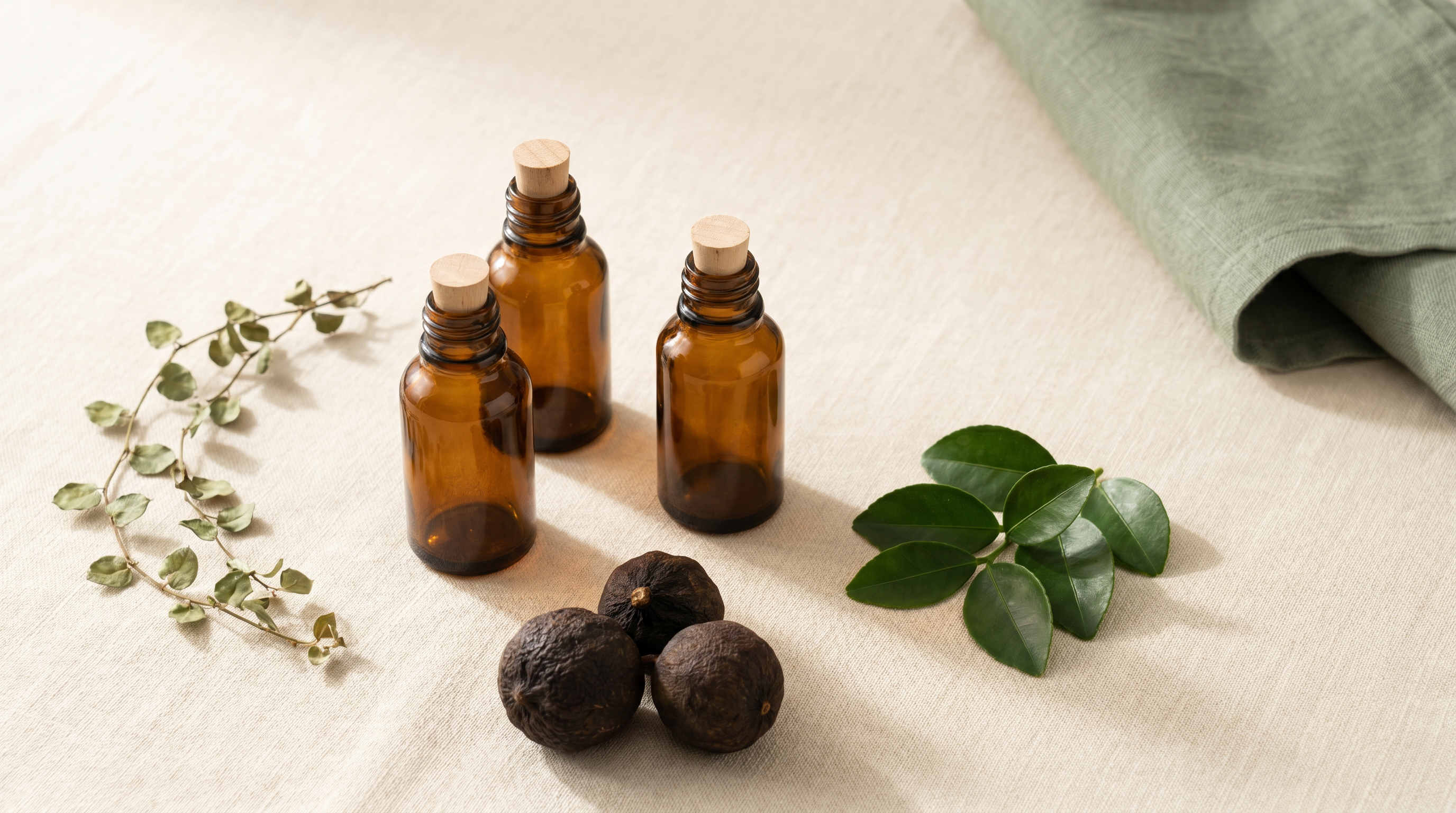 An overhead editorial flat-lay of three unlabeled amber glass bottles on cream linen, surrounded by a Heenbovitiya vine sprig, dried Triphala fruits, and small green Yaki Narang leaves, in soft natural light.