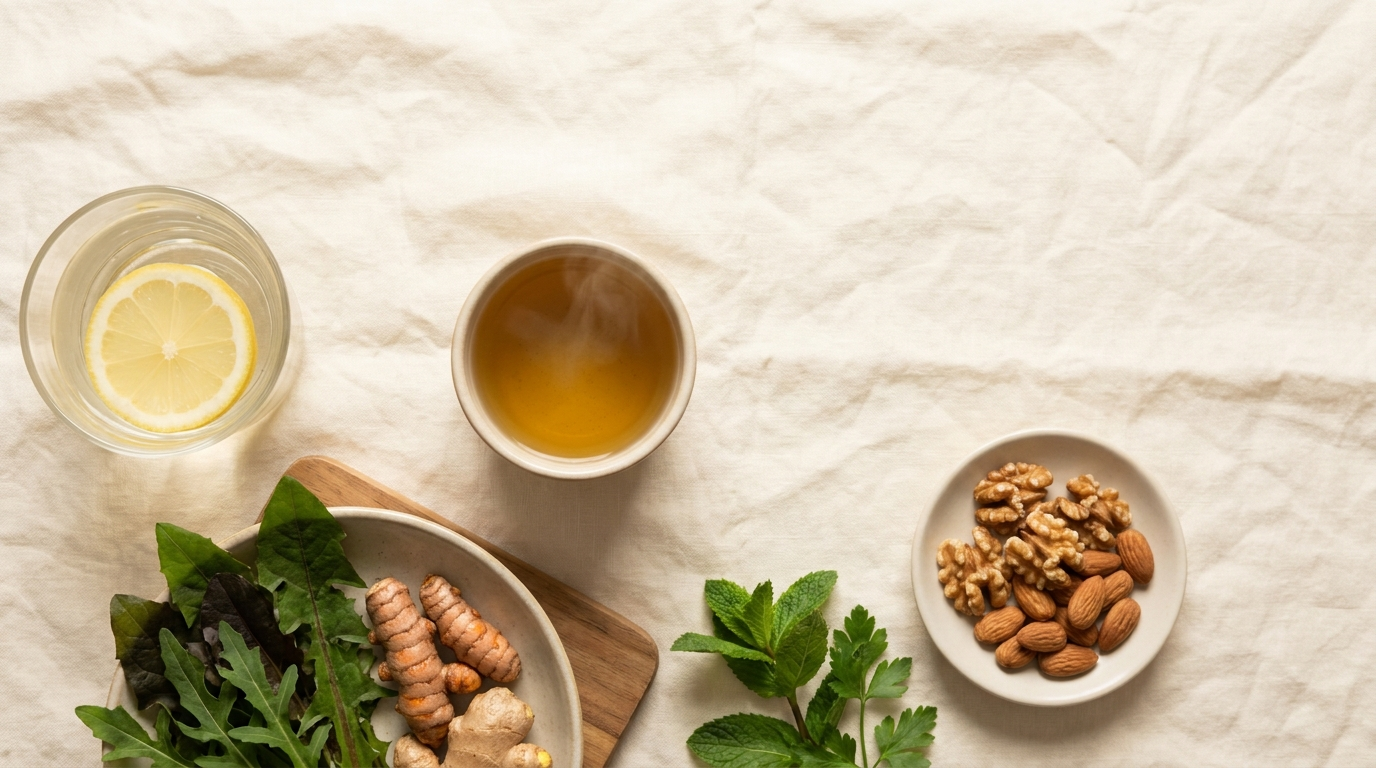 A liver-friendly morning flat-lay on cream linen: lemon water, a cup of golden herbal tea, a bowl of bitter greens with fresh turmeric and ginger, and a dish of mixed nuts.