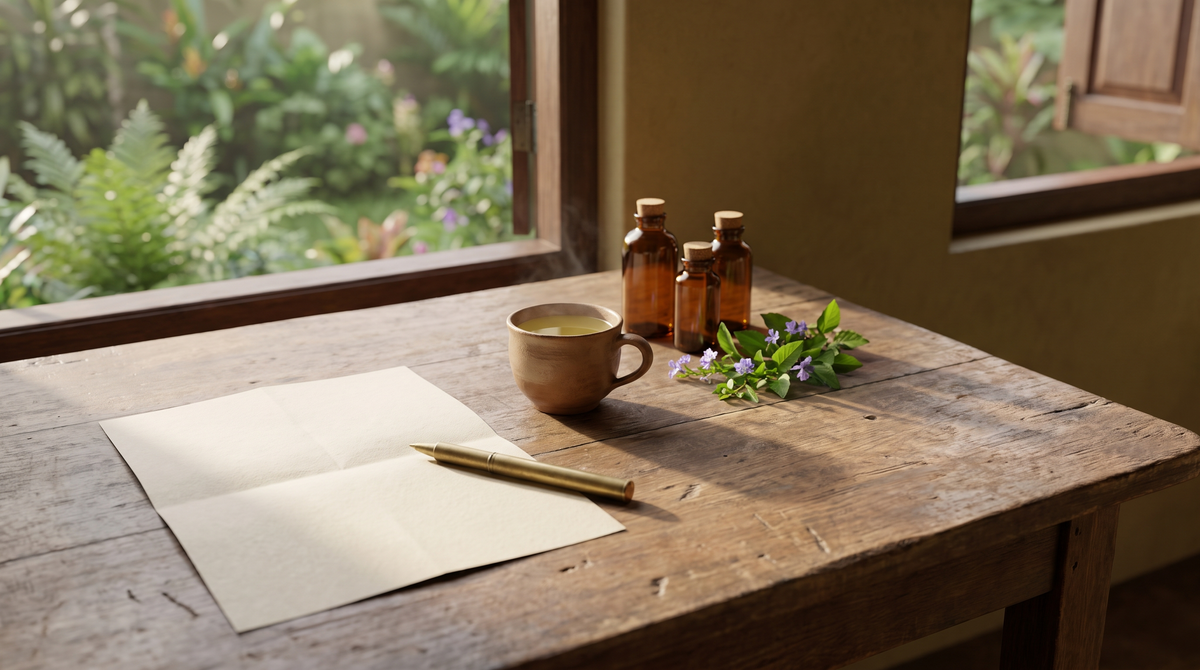 A wooden desk by a garden window with a blank folded letter, a brass pen, a clay cup of herbal tea, three unlabeled amber bottles and fresh leaves with small purple flowers