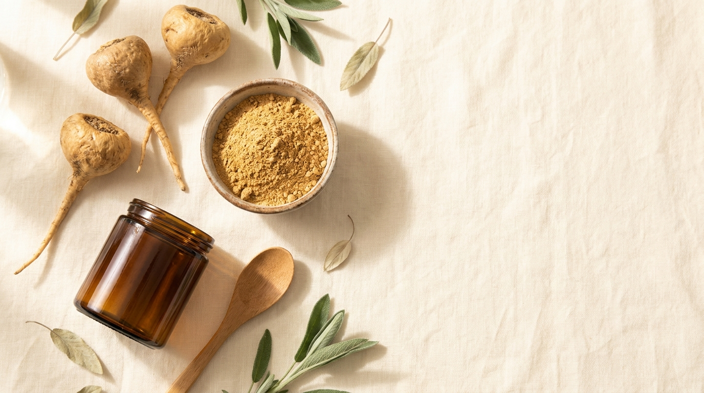 Dried Peruvian maca roots, a bowl of golden maca powder, a plain amber glass jar and a wooden spoon arranged on cream linen with sage sprigs.