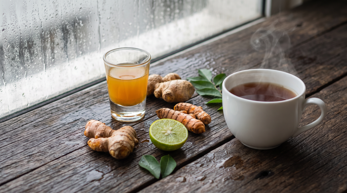 Ginger and turmeric root, a halved lime and a small glass of golden shot beside a rain-streaked window