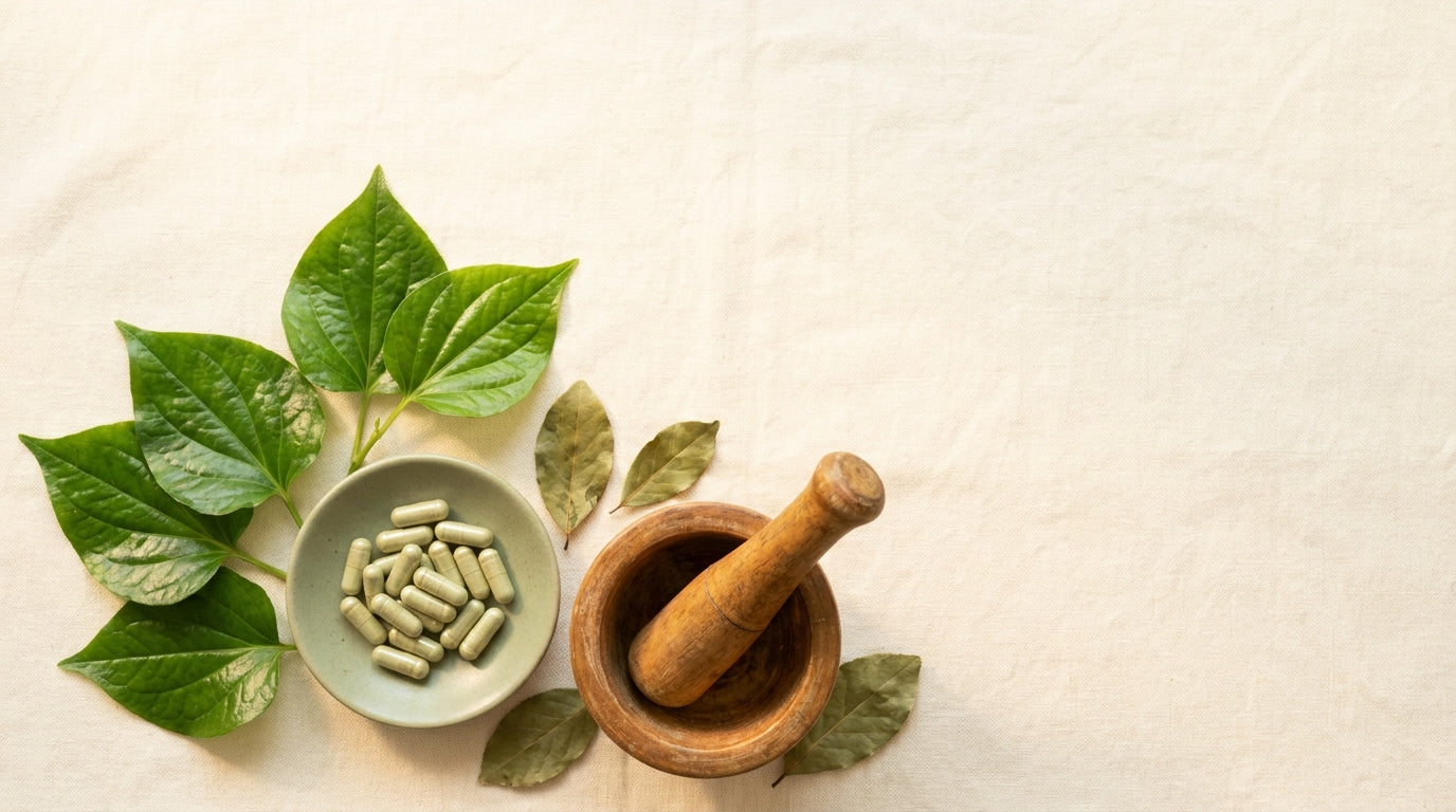 Fresh heart-shaped Maila Kola (Piper sarmentosum) leaves beside a sage dish of herbal capsules and a wooden mortar and pestle on cream linen