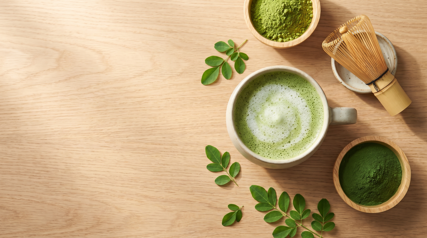 Overhead flat-lay of a frothy matcha moringa green latte in a ceramic cup with bowls of matcha and moringa powder, a bamboo whisk, and fresh moringa leaves on an oak table