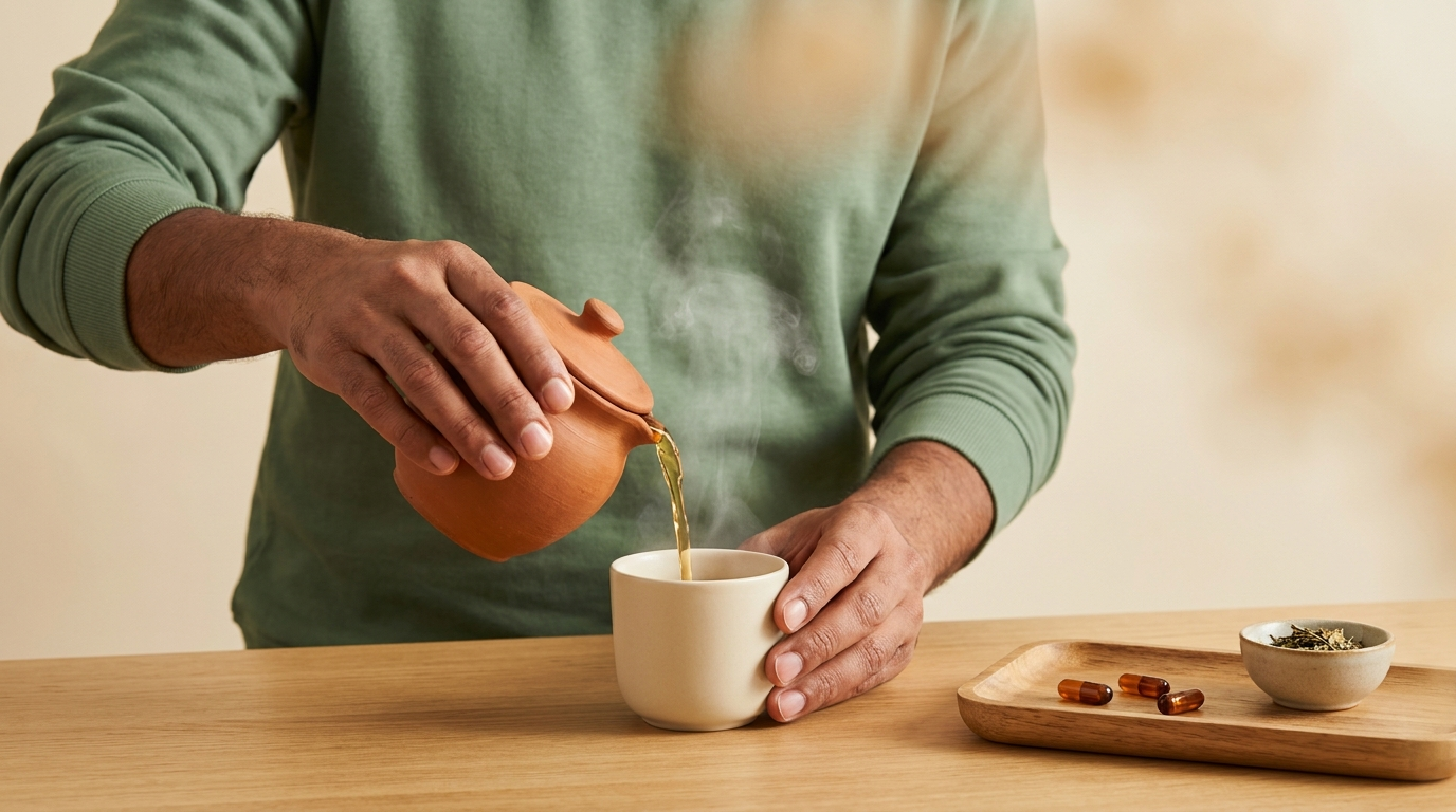 A pair of male hands in a plain sage green sweater pouring herbal tea from a plain terracotta clay pot into a small cream ceramic cup, beside a wooden tray with three amber capsules and a small bowl of dried herbs.