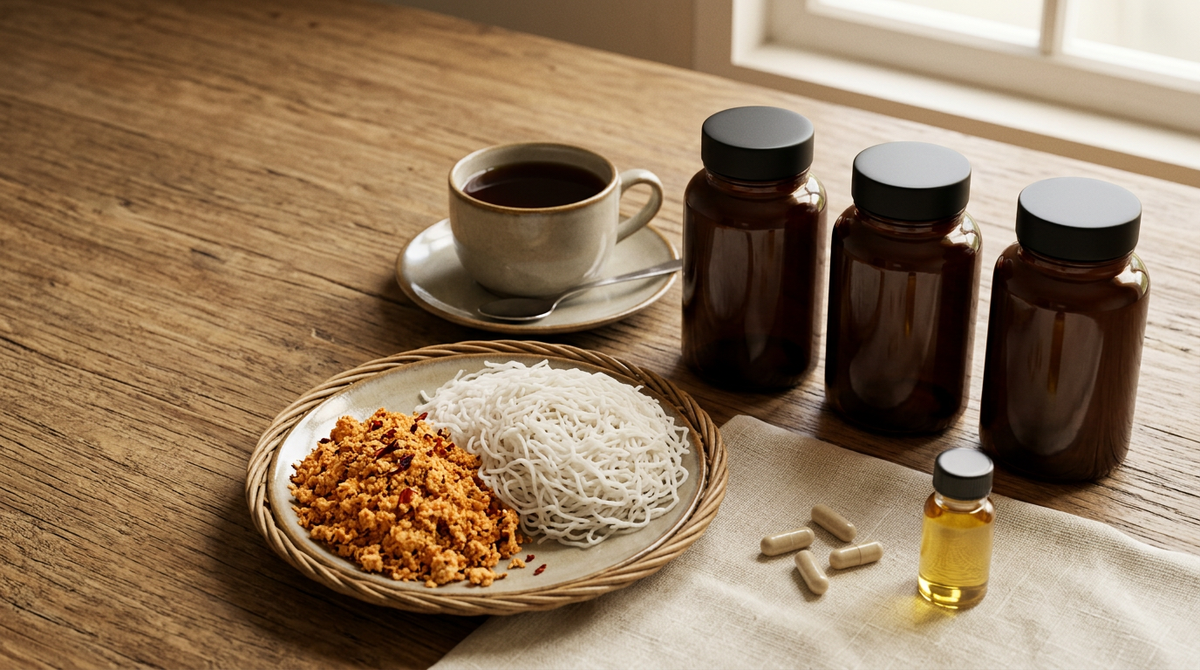 Three plain amber supplement bottles beside a Sri Lankan breakfast of string hoppers, coconut sambol and black tea in morning light
