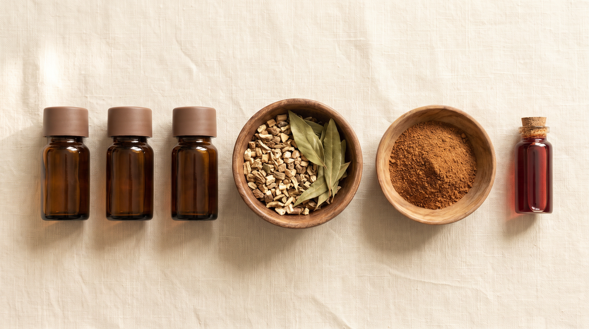 Flat-lay of three amber glass bottles, a bowl of dried root pieces and herb leaves, a bowl of ground spice and a small vial of dark red liquid on pale linen