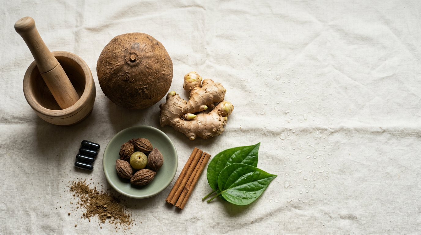 An overhead flat-lay of Sri Lankan and Ayurvedic digestive herbs on cream linen: a round bael fruit, fresh ginger root, a dish of dried triphala fruits, charcoal capsules, Ceylon cinnamon quills and a heart-shaped green leaf.