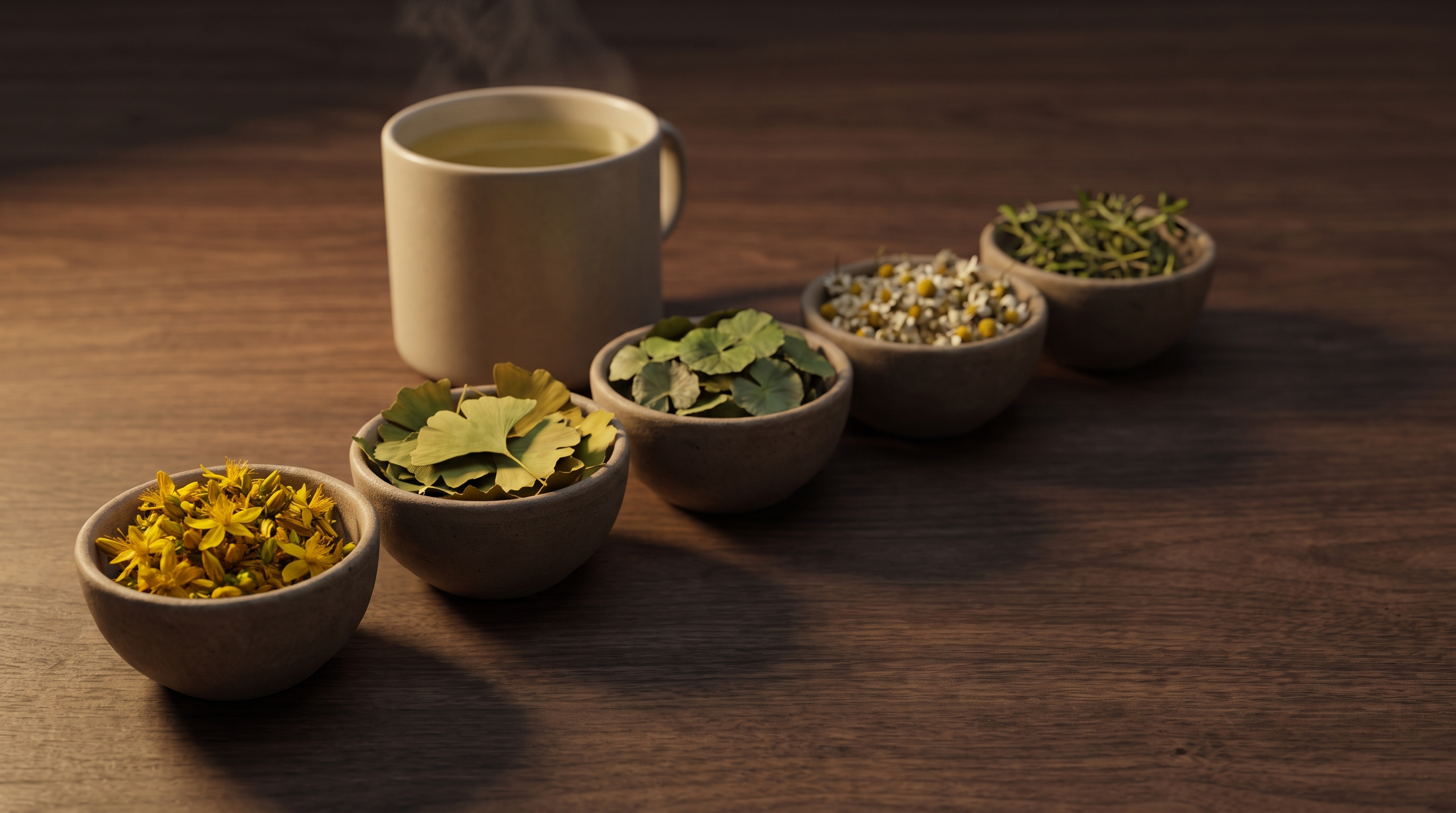 Five stoneware bowls of dried St John's Wort flowers, ginkgo leaves, gotukola leaves, chamomile heads and brahmi sprigs beside a mug of herbal infusion on a dark wooden table in warm evening light